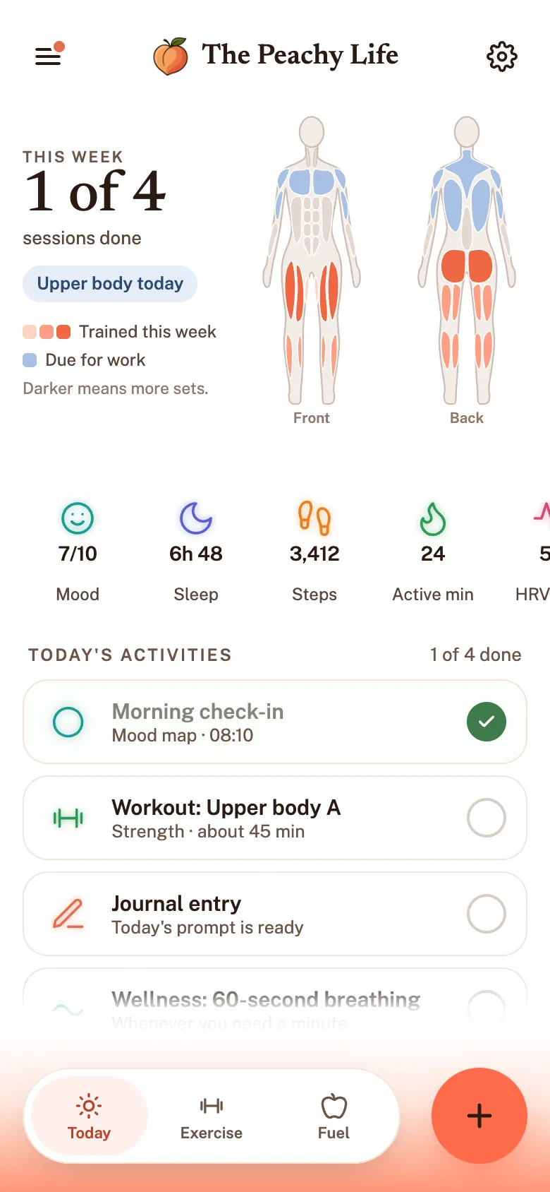 The home screen with exercise first