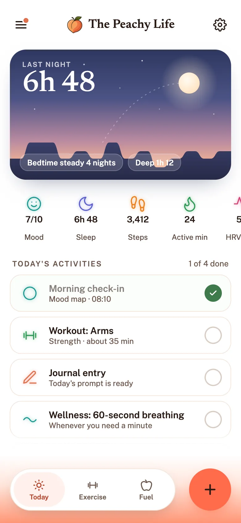 The home screen with sleep first