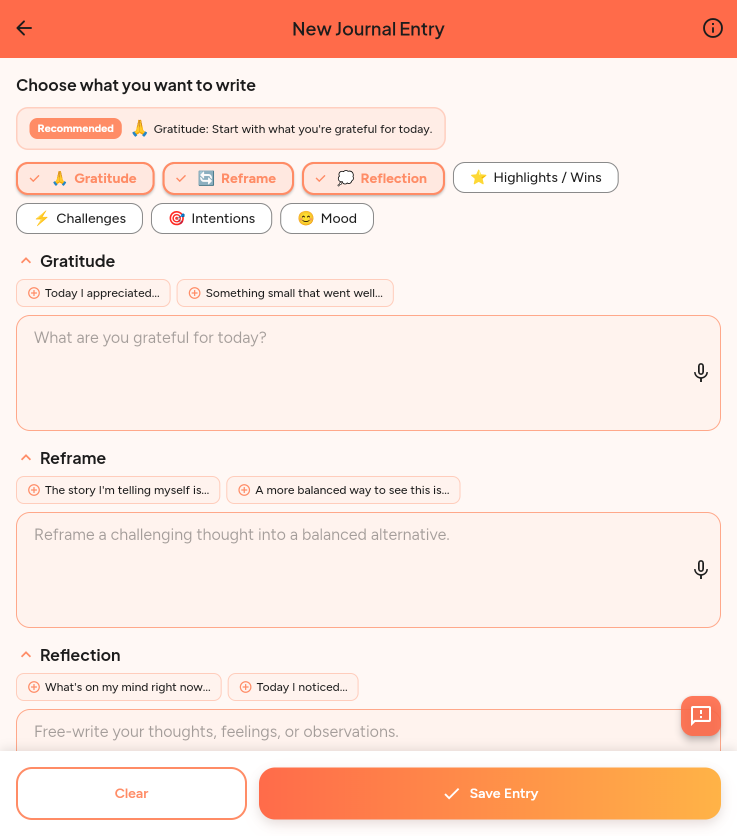 Journal entry screen with writing prompt and previous entries
