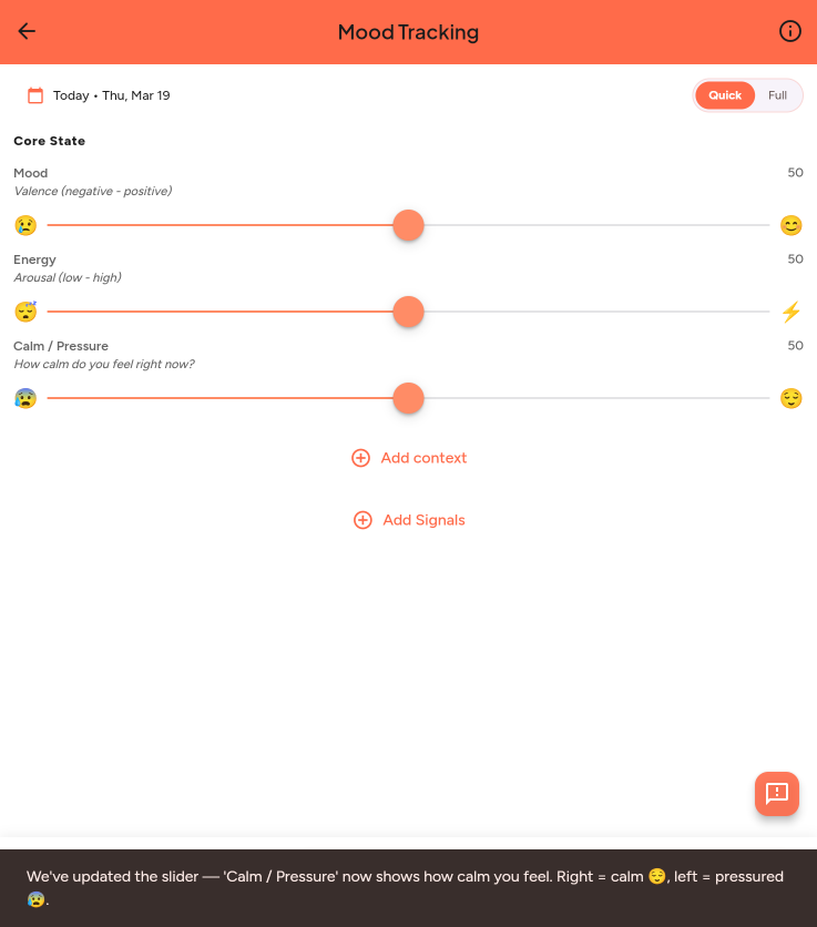 The Peachy Life mood check-in screen with emotion slider and activity tags